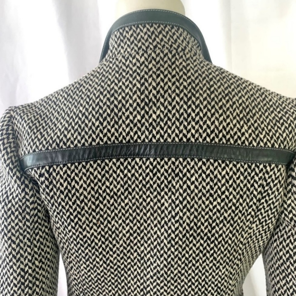 MICHAEL KORS BLACK WHITE COAT WOOL JACKET FULLY LINED LEATHER WOMEN SIZE 4 - Picture 4 of 6